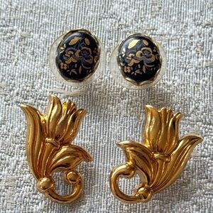 Earrings set,Elegant Gold and Black Floral Earrings Set vintage